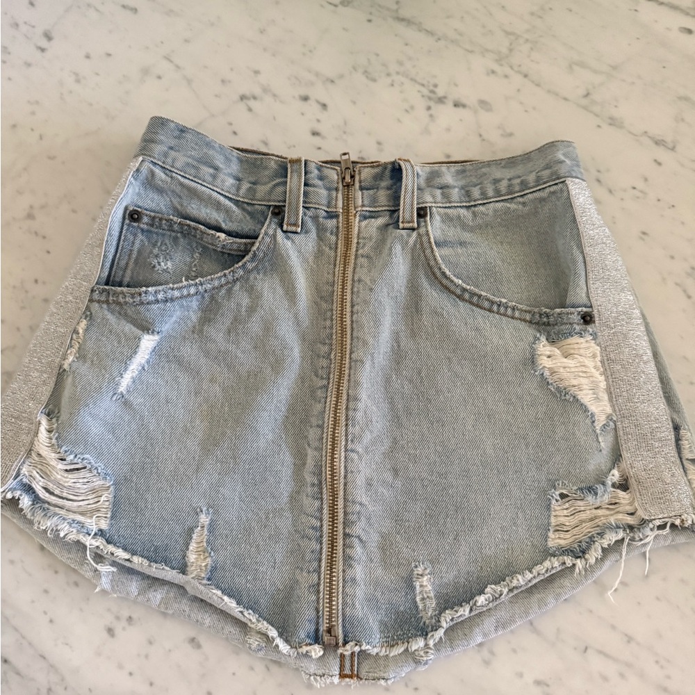 LF Carmar Beatrice Zip Front Distressed Blue Denim Metallic Trim Mini Jean Skirt